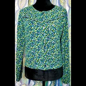 Weavers Floral Green Blue Cardigan Soft Stretchy Buttons Ruffles Women's Large